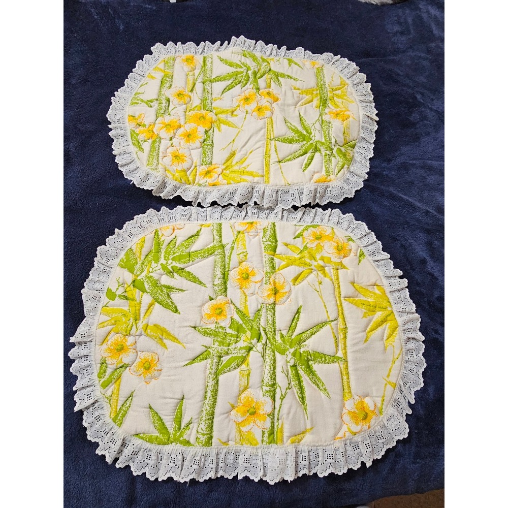 vintage 1970s quilted oval placemats or vanity mats yellow and green floral